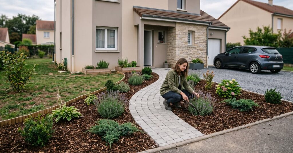Aménagement devant maison pas cher avec allée, plantes et gravier bien organisés