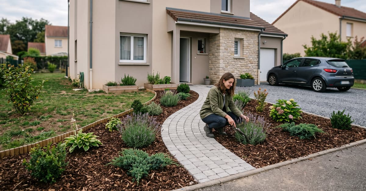 Aménagement devant maison pas cher avec allée, plantes et gravier bien organisés