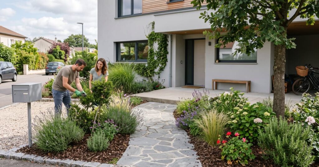 Aménagement devant la maison avec allée pavée, plantes et façade moderne soignée