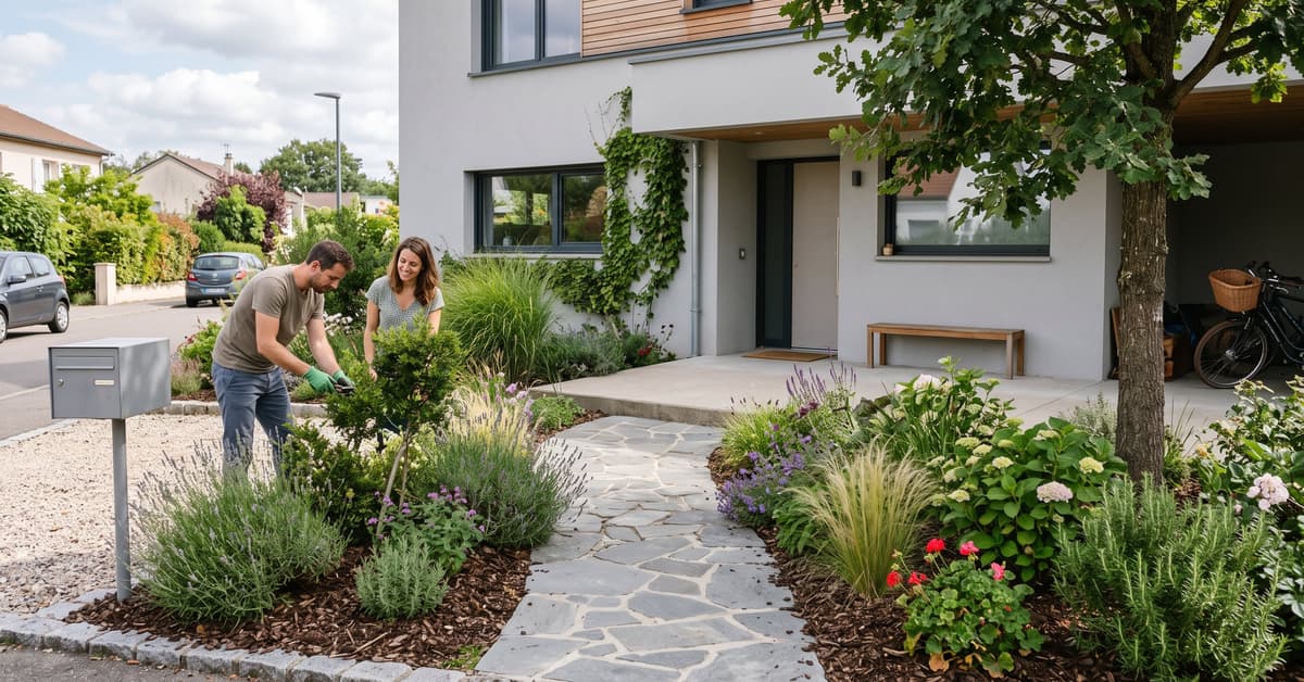 Aménagement devant la maison avec allée pavée, plantes et façade moderne soignée