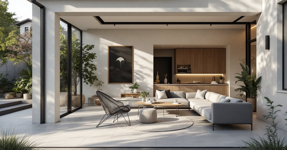 Aménagement entrée extérieure maison avec allée pavée et végétation soignée