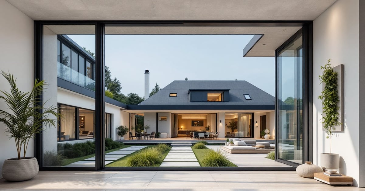 Aménagement extérieur maison avec terrasse moderne, jardin paysagé et façade élégante