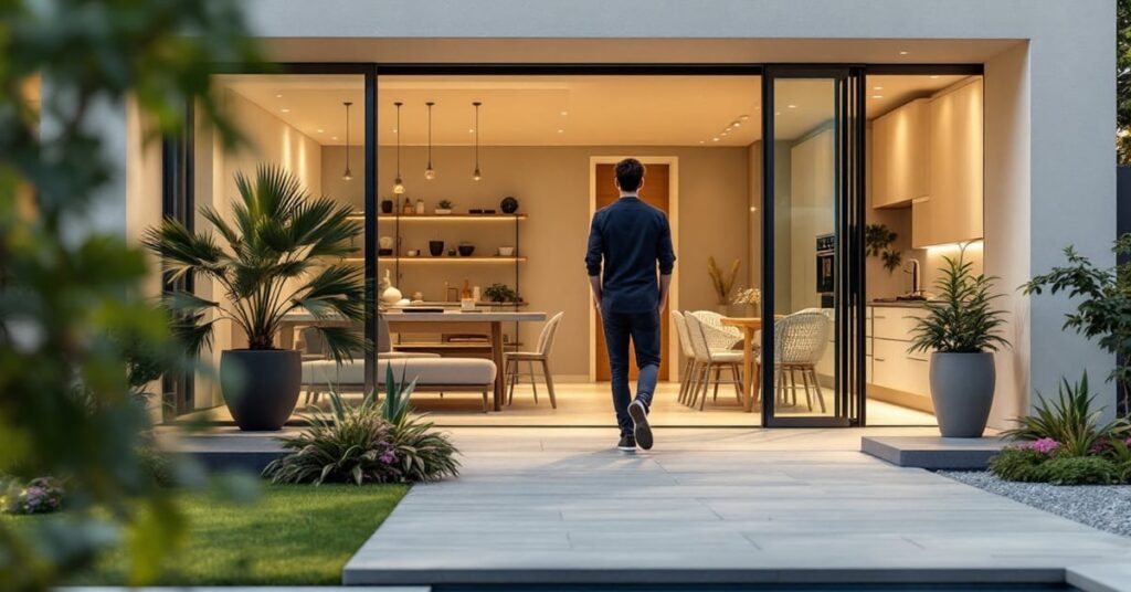 Aménagement cour devant maison avec allée pavée, bordures végétales et façade moderne