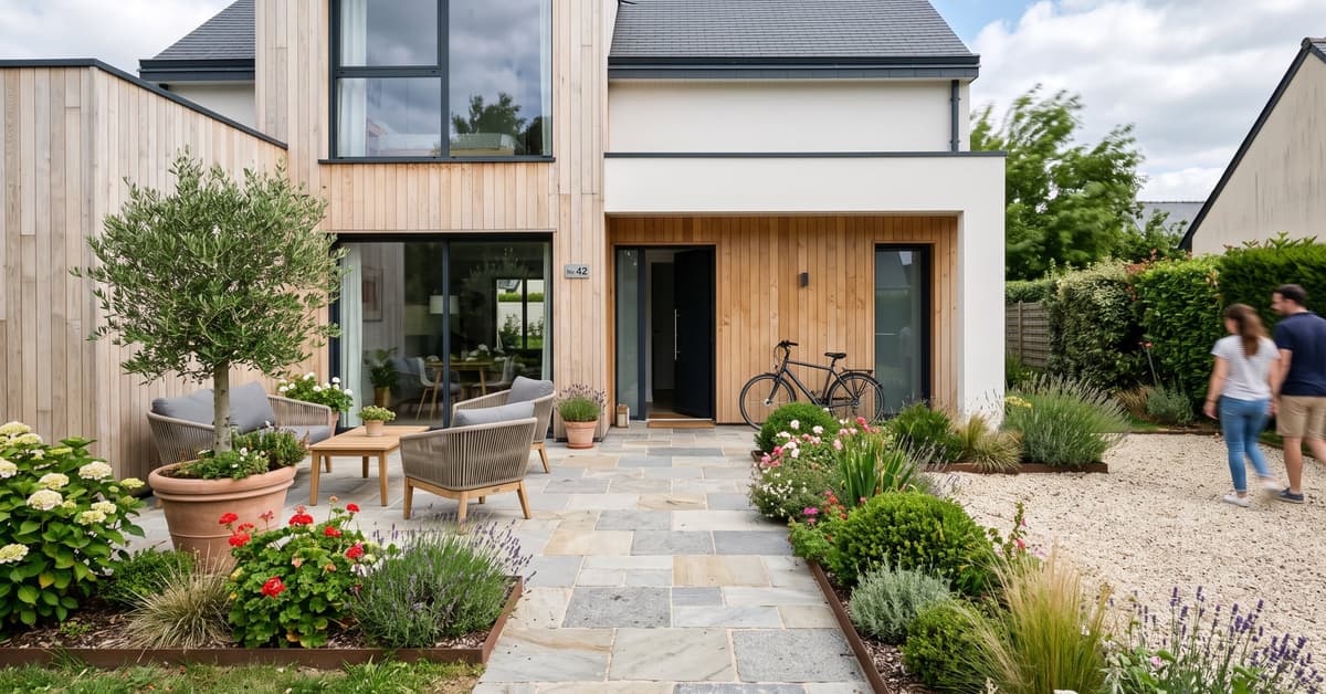 Aménagement terrasse devant maison avec dallage moderne et mobilier extérieur élégant