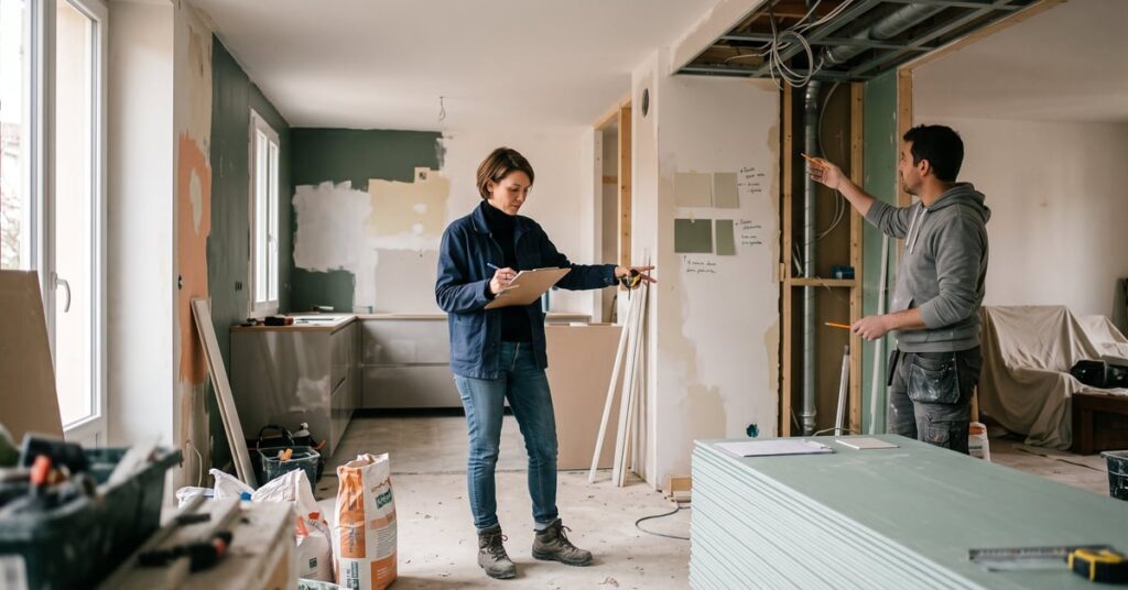 Coût rénovation maison au m² : travaux intérieurs avec matériaux et outils de chantier
