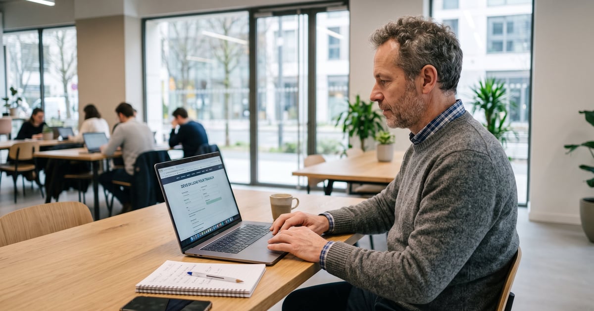 Devis en ligne pour travaux sur ordinateur portable, interface moderne de demande de devis