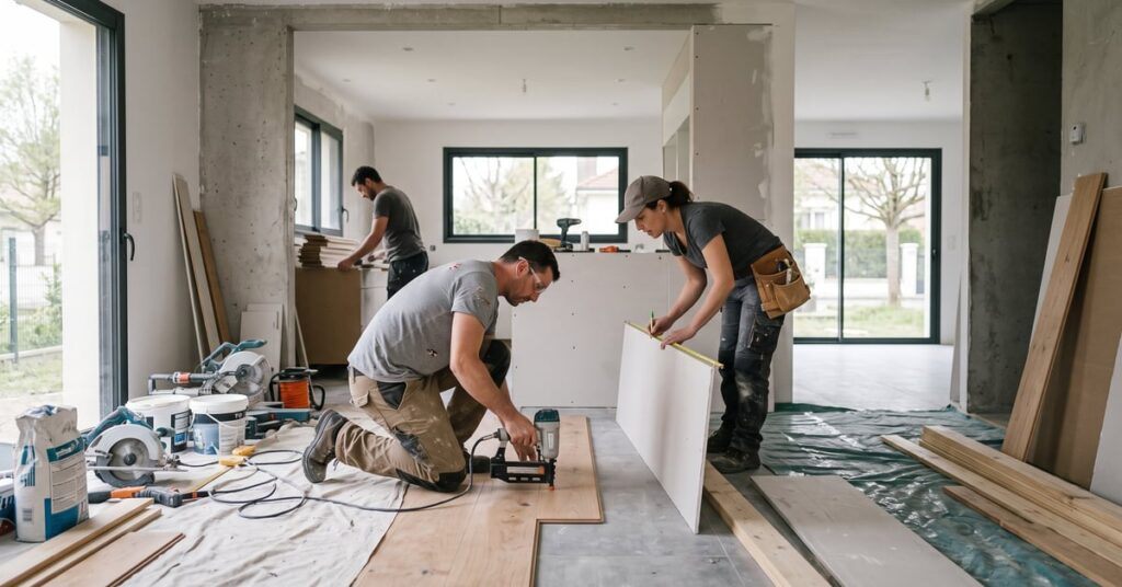 Artisan en rénovation maison travaillant sur un chantier résidentiel moderne