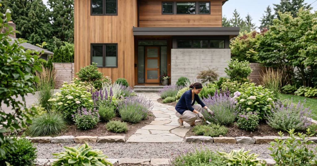 Idée aménagement parterre devant maison avec fleurs colorées et allée pavée soignée