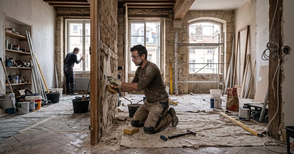 Rénovation appartement Lyon : chantier en cours dans un appartement haussmannien avec matériaux et outils
