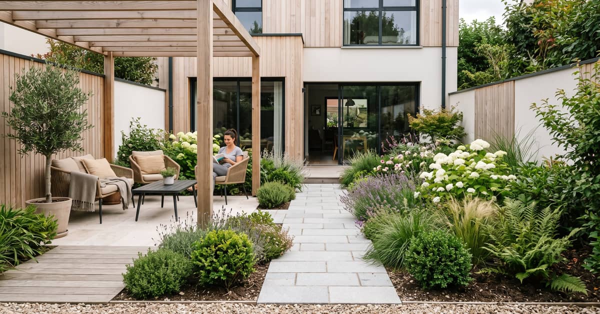 Aménagement d'une cour de maison moderne avec matériaux naturels et espace extérieur bien agencé