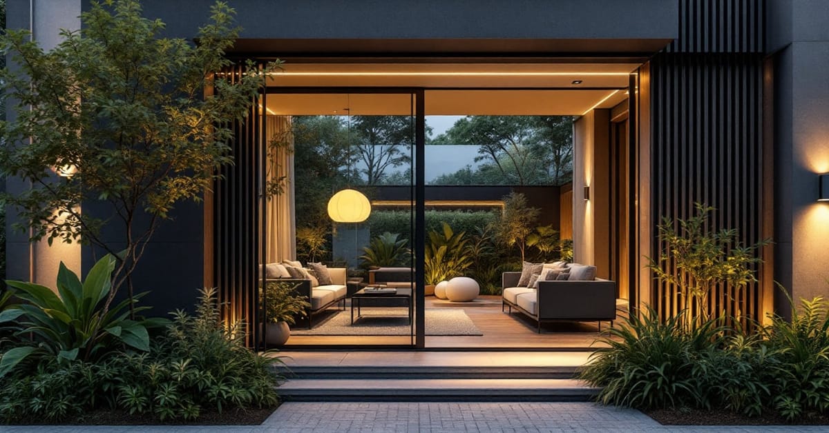 Aménagement entrée extérieure maison avec allée pavée, plantes et éclairage moderne