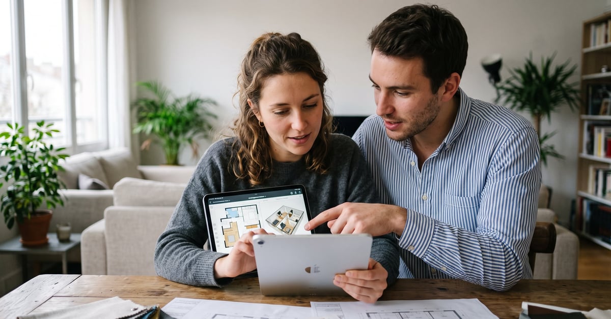 Application aménagement maison sur tablette avec plan interactif d'intérieur moderne