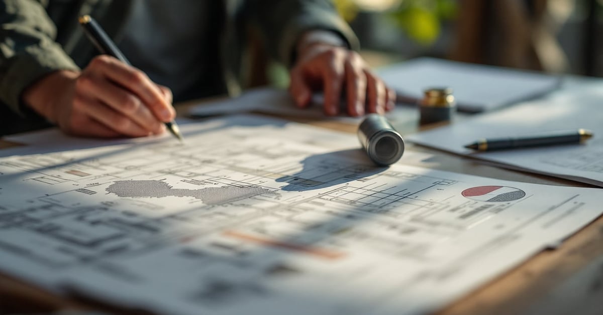 Devis pour travaux maison posé sur une table avec des plans de rénovation et des outils de construction